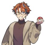  1boy anmochi bangs bespectacled black_hair brown-framed_eyewear brown_coat brown_shirt coat earrings fang glasses grin heterochromia holding holding_poke_ball holostars jewelry looking_at_viewer male_focus mole mole_under_eye multicolored_hair necklace official_alternate_costume orange_eyes orange_hair outline parody parted_bangs poke_ball poke_ball_(basic) pokemon pokemon_(game) shirt short_hair single_earring smile solo streaked_hair style_parody transparent_background turtleneck upper_body v-shaped_eyebrows violet_eyes virtual_youtuber yukoku_roberu 