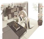  1girl apron bandaid bandaid_on_hand bangs blunt_bangs bonsai cabinet commentary drawer english_commentary flower girls&#039;_frontline_neural_cloud girls_frontline green_eyes hair_ornament highres indoors japanese_clothes kimono light_brown_hair long_hair plant potted_plant pruning_shears sakuya_(girls&#039;_frontline_nc) shears solo table tatami vialle wide_sleeves 