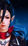  1girl black_hair close-up earrings elezen elf final_fantasy final_fantasy_xiv hair_between_eyes hilda_ware hyur jacket jewelry leather leather_jacket lips long_hair looking_at_viewer pointy_ears ponytail portrait red_eyes scarf shiroishi solo watermark 