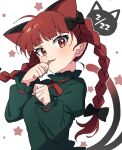 1girl absurdres animal_ears blush braid cat_day cat_ears cat_tail dated dress extra_ears fang fingernails green_dress highres kaenbyou_rin long_hair long_sleeves miz_(mizillustration) multiple_tails red_eyes redhead smile solo starry_background tail tongue tongue_out touhou twin_braids two_tails upper_body white_background 
