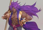  1boy bare_shoulders bhima_(fate) closed_mouth fate/grand_order fate_(series) floating_hair gauntlets gold_trim grey_background hand_on_hip highres holding holding_polearm holding_weapon koroponsu3 long_hair looking_away male_focus muscular muscular_male polearm purple_hair purple_vest simple_background smile solo spear very_long_hair vest violet_eyes weapon 