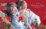  2boys absurdres brown_eyes brown_hair flower gongyerihe happy_valentine highres holding_hands i_only_like_your_character_settings interlocked_fingers looking_at_viewer multiple_boys own_hands_together red_flower red_rose rose short_hair xia_xiqing zhou_ziheng 