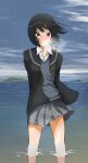  1girl absurdres amagami arms_behind_back black_hair black_jacket black_sailor_collar blazer blue_sweater blush breath brown_eyes clothes_lift clouds commentary day dress_shirt floating_clothes floating_hair funcle grey_skirt hair_over_one_eye highres island jacket kibito_high_school_uniform light_smile long_sleeves looking_at_viewer nanasaki_ai nose_blush ocean open_clothes open_jacket outdoors partially_submerged pleated_skirt raised_eyebrows sailor_collar school_uniform shirt shore short_hair skirt skirt_lift sky smile solo standing sweater unbuttoned wading water white_shirt wind 