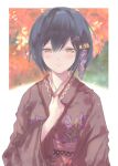  1girl autumn_leaves bangs black_hair blush border closed_mouth floral_print flower hair_between_eyes hair_flower hair_ornament hairclip hand_on_own_chest highres japanese_clothes kimono looking_at_viewer narrowed_eyes nijisanji obi red_kimono sash shizuka_rin short_hair smile souyoku tree upper_body virtual_youtuber white_border yellow_eyes 