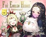  &gt;_&lt; 1boy 5girls ahoge animal anniversary bangs bird black_hair blonde_hair bodystocking braid breasts cape circlet closed_eyes confetti dress drill_hair facial_mark feh_(fire_emblem_heroes) fehnix fire_emblem fire_emblem_awakening fire_emblem_fates fire_emblem_heroes flayn_(fire_emblem) forehead_mark gloves green_hair hair_ornament holding kousei_horiguchi long_hair long_sleeves looking_at_viewer messy_hair mother_and_daughter mouth_veil multiple_girls nah_(fire_emblem) navel nowi_(fire_emblem) nyx_(fire_emblem) official_alternate_costume official_art open_mouth owl pointy_ears ponytail red_eyes see-through small_breasts smile tattoo thigh-highs tiara twin_braids upper_body veil very_long_hair 