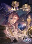  1girl blue_eyes book braid brooch celestial_globe earrings eroica hat jewelry long_hair long_sleeves nene_(eroica) official_art open_mouth paper pink_hair purple_headwear quill saihate_(d3) side_braid smile solo witch_hat 