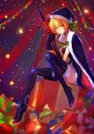  1girl artoria_pendragon_(fate) black_footwear black_thighhighs blonde_hair boots box cape english_commentary excalibur_morgan_(fate) fate/grand_order fate_(series) full_body fur_trim gift gift_box gloves hat highres looking_at_viewer santa_alter santa_costume santa_hat sitting solo star_(symbol) sword tenmoon thigh-highs thigh_boots weapon yellow_eyes 