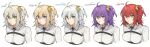  1girl absurdres alternate_eye_color alternate_hair_color bedivere_(fate) blonde_hair blue_eyes breasts brown_eyes chaldea_uniform commentary fate/grand_order fate_(series) frown fujimaru_ritsuka_(female) gawain_(fate) green_eyes grey_hair hair_ornament hair_scrunchie highres kulissara-aung lancelot_(fate/grand_order) large_breasts medium_hair one_side_up percival_(fate) purple_hair redhead scrunchie thai_text translation_request tristan_(fate) violet_eyes 