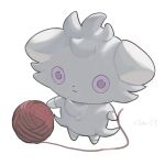  closed_mouth commentary_request espurr expressionless full_body grey_fur highres no_humans pokemon pokemon_(creature) sameniku_umai simple_background solo standing violet_eyes white_background yarn yarn_ball 