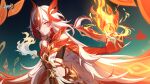  1girl breasts chinese_clothes elbow_gloves eyebrows_hidden_by_hair fire gloves highres holding honkai_(series) honkai_impact_3rd log long_hair looking_at_viewer official_art official_wallpaper red_eyes red_gloves simple_background small_breasts solo solo_focus upper_body white_hair 