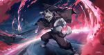  1boy animal_ears artist_request cape death_(puss_in_boots) fangs full_body furry furry_male glowing highres holding holding_weapon looking_at_viewer male_focus puss_in_boots:_the_last_wish red_eyes sickle simple_background solo weapon wolf wolf_boy wolf_ears 