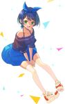  1girl black_hair blue_ribbon blue_skirt floating frilled_sleeves frills green_eyes hair_ribbon halterneck jj_(ssspulse) kanojo_okarishimasu looking_at_viewer miniskirt off-shoulder_shirt off_shoulder open_mouth ribbon sarashina_ruka shirt shoes short_hair short_sleeves skirt smile solo thigh-highs v_arms white_background white_footwear white_thighhighs 