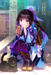  1girl black_hair cat cat_day closed_mouth fuzichoco highres japanese_clothes karasuba_(prima_doll) kimono long_hair looking_at_viewer ponytail prima_doll_(anime) purple_hair purple_kimono smile violet_eyes wide_sleeves 