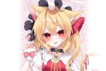  1girl :p animal_ears bangs bell black_collar blonde_hair bow cat_day cat_ears cat_tail claw_pose collar collared_shirt commentary dated flandre_scarlet frilled_shirt_collar frills hair_ribbon hand_up hat highres kemonomimi_mode long_hair looking_at_viewer mob_cap neck_bell one_side_up pink_bow red_eyes red_ribbon red_vest ribbon rori82li shirt short_sleeves solo tail tongue tongue_out touhou twitter_username upper_body vest white_headwear white_shirt wrist_cuffs 