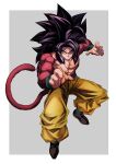  absurdres bangs black_hair clenched_hands dougi dragon_ball dragon_ball_gt fighting_stance highres looking_at_viewer male_focus monkey_boy monkey_tail muscular muscular_male pants smirk solo son_goku spiky_hair standing super_saiyan super_saiyan_4 tail yellow_eyes yellow_pants yuuri_(fukuroudou) 