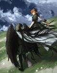  2girls :3 :d animal_ear_fluff animal_ears asymmetrical_legwear bird_wings black_bow black_hair black_pantyhose black_wings bow braid cape cat_ears cat_tail clouds dress extra_ears feathered_wings flower grass green_dress green_skirt highres kaenbyou_rin long_hair mismatched_legwear multiple_girls multiple_tails pantyhose puffy_sleeves red_eyes redhead reiuji_utsuho rin_reycamoy skirt sky smile tail touhou twin_braids two_tails very_long_hair wings 