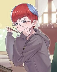  1girl absurdres bangs blue_hair book closed_mouth commentary_request curtains desk from_side glasses hands_up highres holding holding_pen hood hood_down hoodie indoors long_sleeves looking_at_viewer multicolored_hair pen pencil_case penny_(pokemon) pokemon pokemon_(game) pokemon_sv redhead round_eyewear ryo_(tmsm7885) short_hair sitting sleeves_past_wrists solo two-tone_hair 