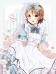  1girl apron blue_bow blue_bowtie bow bowtie brown_hair card clothes_lift curly_hair dress eyebrows_hidden_by_hair floral_print flower frilled_apron frilled_bow frilled_dress frills hair_bow kino_(vecc5534) koizumi_hanayo layered_skirt love_live! love_live!_school_idol_project open_mouth puffy_short_sleeves puffy_sleeves rose short_sleeves skirt skirt_lift striped teeth upper_teeth_only vertical_stripes violet_eyes 