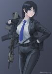 1girl absurdres bangs black_gloves black_hair black_jacket black_pants blue_eyes blue_necktie breasts collared_shirt commentary_request commission d-sawa613 dress_shirt gloves grey_background gun highres holding holding_gun holding_weapon jacket long_hair long_sleeves looking_at_viewer m4a1 m4a1_block_ii medium_breasts necktie open_clothes open_jacket original pants parted_bangs parted_lips shirt simple_background skeb_commission solo twitter_username very_long_hair weapon white_shirt