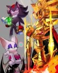  1girl 2boys armor bracelet breasts caliburn_(sonic) cape chaos_emerald elbow_gloves eyeshadow furry furry_female furry_male gem gloves highres holding holding_gem jewelry makeup multiple_boys planted planted_sword purple_eyeshadow red_cape red_eyes rouge_the_bat shadow_the_hedgehog sonic_(series) sonic_and_the_black_knight sonic_the_hedgehog sword thought_bubble usa37107692 weapon white_gloves 