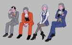  1girl 23011620x 3boys ace_attorney ascot black_footwear black_gloves black_vest blue_jacket blue_skirt boots closed_eyes closed_mouth crossed_arms crossed_legs earrings formal franziska_von_karma gem glasses gloves grey_background grey_hair grey_pantyhose hair_intakes high_heel_boots high_heels highres jacket jewelry juliet_sleeves long_sleeves manfred_von_karma miles_edgeworth mole mole_under_eye multiple_boys old old_man pants pantyhose pencil_skirt phoenix_wright:_ace_attorney puffy_sleeves red_jacket red_pants red_suit shirt shoes short_hair simple_background sitting skirt smile suit vest white_shirt winston_payne 