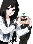  1boy 1girl :d artist_logo bangs black_hair black_jacket black_pants black_sailor_collar blush breasts brown_hair chitanda_eru commentary grey_neckerchief hands_in_pockets heart heart_hands highres hyouka jacket kamiyama_high_school_uniform_(hyouka) long_hair long_sleeves looking_at_viewer mery_(yangmalgage) neckerchief open_mouth oreki_houtarou pants sailor_collar school_uniform serafuku shirt short_hair simple_background smile teeth upper_teeth_only violet_eyes white_shirt 