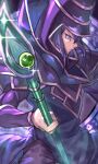 1boy bangs blue_eyes dark_magician duel_monster hair_between_eyes hat highres holding holding_staff looking_at_viewer male_focus muscular muscular_male purple_hair purple_headwear serious solo staff tomaton_(t_0) wizard_hat yu-gi-oh! yu-gi-oh!_duel_monsters