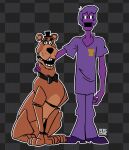  arm_around_neck artist_name black_bow black_bowtie bow bowtie checkered_background colored_skin dog five_nights_at_freddy&#039;s freddy_fazbear full_body hanna-barbera highres matthew_lillard non-humanoid_robot open_mouth percodine purple_hair purple_shirt purple_skin robot robot_animal robot_dog scooby-doo scooby-doo_(character) scott_cawthon_(company) seiyuu_connection seiyuu_joke shaggy_rogers shirt steel_wool_studios teeth warner_bros what william_afton 