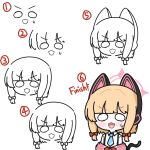  1girl :3 :d animal_ear_headphones animal_ears bangs blonde_hair blue_archive blue_necktie blunt_bangs blush blush_stickers bow chibi collared_shirt commentary english_commentary fake_animal_ears hair_bow halo headphones highres how_to jacket jn_7_3 lineart long_sleeves low_twintails momoi_(blue_archive) multiple_views necktie o_o off_shoulder pink_jacket red_bow shirt short_twintails simple_background smile suspenders sweatdrop twintails v-shaped_eyebrows white_background white_shirt wing_collar 
