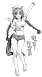  1girl animal_ears arm_up barefoot beret braid breasts full_body greyscale hamao hat highres hokko_tarumae_(umamusume) horse_ears horse_tail long_braid looking_at_viewer medium_breasts midriff monochrome navel open_mouth shorts simple_background solo standing tail twin_braids white_background 