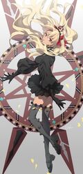  1girl bangs black_dress black_footwear black_gloves black_thighhighs blonde_hair breasts commentary_request dark-skinned_female dark_skin dress earrings ereshkigal_(fate) ereshkigal_alter_(fate) fate/grand_order fate_(series) floating_hair gloves grey_background hair_ribbon head_tilt highres jewelry kabutomushi_s long_hair long_sleeves looking_at_viewer medium_breasts parted_bangs red_eyes red_ribbon ribbon signature simple_background solo thigh-highs tiara two_side_up weapon 