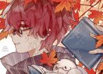  1boy akiyo_(lifetimes) autumn bespectacled book from_side fukase glasses highres holding holding_book leaf looking_at_viewer male_focus maple_leaf point_(vocaloid) red_eyes redhead scarf semi-rimless_eyewear solo vocaloid 