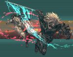  2boys absurdres armor brown_eyes brown_hair closed_mouth eyepatch full_body grey_eyes grey_hair highres holding holding_sword holding_weapon katana kornart medium_hair metal_gear_(series) metal_gear_rising:_revengeance multiple_boys power_armor raiden_(metal_gear) samuel_rodrigues short_ponytail signature sword weapon 