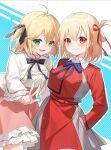  2girls ahoge anisphia_wynn_palettia bangs belt black_ribbon blonde_hair blue_ribbon blush bob_cut collared_shirt crossover dress green_eyes grey_dress hair_between_eyes hair_ribbon hand_in_pocket highres long_sleeves looking_at_viewer lycoris_recoil lycoris_uniform multiple_girls neck_ribbon nishikigi_chisato open_mouth pleated_dress red_belt red_dress red_eyes red_ribbon ribbon shirt short_hair skirt smile tensei_oujo_to_tensai_reijou_no_mahou_kakumei two-tone_dress v white_shirt yunweishukuang 