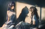  2girls absurdres bangs bed bed_sheet blue_hair blunt_bangs brown_hair feather_hair_ornament feathers greedice hair_ornament highres hololive indoors long_hair messy_hair morning multicolored_hair multiple_girls nanashi_mumei on_bed ouro_kronii pillow shadow shirt sitting two-tone_hair virtual_youtuber 