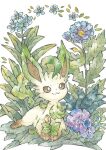  :3 animal_focus blue_flower blush brown_sclera closed_mouth colored_sclera commentary flower full_body happy highres leaf leafeon light_blush looking_up lying no_humans notched_ear on_stomach orange_flower petals plant pokemon pokemon_(creature) purple_flower rai_(rai_kw) simple_background smile solo split_mouth white_background white_eyes 