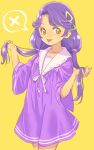  1girl :p bangs brown_eyes closed_mouth collared_dress commentary cowboy_shot dress hair_tie holding holding_hair jj_(ssspulse) long_hair looking_at_viewer low_twintails parted_bangs precure purple_dress purple_hair short_dress short_sleeves simple_background smile solo spoken_x standing suzumura_sango tongue tongue_out tropical-rouge!_precure twintails wide_sleeves yellow_background 