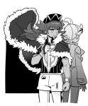  1boy 1girl back-to-back bad_id bad_twitter_id baseball_cap cape champion_uniform coat cowboy_shot dede_(qwea_00000) dynamax_band eyewear_on_head facial_hair fur-trimmed_cape fur_trim gloves greyscale hat highres leon_(pokemon) looking_at_another looking_back monochrome pokemon pokemon_(game) pokemon_swsh side_ponytail single_glove sonia_(pokemon) standing 