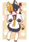  1girl :&lt; animal_ears bell black_hair black_skirt blush calico cat_ears cat_girl cat_tail chibi closed_mouth collar hair_ornament hairpin highres jitome long_sleeves looking_at_viewer multicolored_hair naga_u neck_bell orange_hair original paw_print paw_print_background pleated_skirt red_collar red_eyes skirt sleeves_past_fingers sleeves_past_wrists solo standing tail thigh-highs white_hair white_thighhighs 