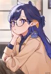  1girl bangs closed_mouth ear_piercing frown glasses hand_on_own_chin highres hololive hololive_english long_hair long_sleeves looking_at_viewer mole mole_under_eye ninomae_ina&#039;nis orinte piercing pointy_ears purple_hair sleeves_rolled_up solo takodachi_(ninomae_ina&#039;nis) tentacle_hair violet_eyes virtual_youtuber 