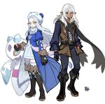  1boy 1girl bangs crossover dress elezen elf estinien_varlineau final_fantasy final_fantasy_xiv froslass gloves grey_hair grey_lips highres holding lipstick long_hair looking_at_viewer makeup pointy_ears poke_ball pokemon pokemon_(game) wuliu_heihuo ysayle_dangoulain 