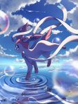  blurry bubble clouds commentary_request day from_side full_body highres kuchiba_(jret2454) no_humans outdoors pokemon pokemon_(creature) ripples signature sky solo sylveon water 