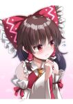  1girl absurdres ascot bangs blush bow brown_eyes brown_hair collar commentary embarrassed eyelashes flying_sweatdrops frilled_bow frilled_collar frills frown hair_between_eyes hair_bow hair_tubes hakurei_reimu hand_up highres kabi_killer long_hair long_sleeves looking_to_the_side pink_background red_bow red_ribbon red_vest ribbon ribbon-trimmed_sleeves ribbon_trim signature simple_background solo sweatdrop touhou upper_body vest wavy_mouth white_collar white_sleeves wide_sleeves yellow_ascot 