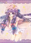  1girl bangs barefoot bespectacled blush book bow crescent crescent_hat_ornament dress frown glasses hair_bow hat_ornament highres holding holding_book long_hair multiple_hair_bows patchouli_knowledge purple_hair purple_headwear solo star_(symbol) striped striped_dress thea_(15124) touhou very_long_hair violet_eyes 