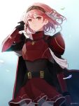  1girl armor bangs black_gloves braid commentary fire_emblem fire_emblem_engage floating_hair gloves hair_ribbon hairband highres lapis_(fire_emblem) leaf_(esabacoo) looking_away pantyhose petals pink_eyes pink_hair red_armor ribbon short_hair shoulder_armor side_braid solo twitter_username white_pantyhose white_ribbon 