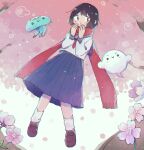  1girl bangs black_hair blue_sailor_collar blue_skirt brown_footwear bubble cherry_blossoms floating flower full_body hands_up highres jellyfish long_scarf looking_at_viewer neckerchief original pink_flower pinpon_sakana pleated_skirt red_neckerchief red_scarf sailor_collar sailor_shirt scarf school_uniform serafuku shirt shoes short_hair skirt socks solo spring_(season) tareme white_shirt white_socks 