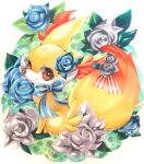  animal_ear_fluff animal_focus blue_bow blue_flower blue_ribbon blue_rose bow closed_mouth colored_eyelashes commentary english_commentary fennekin flower fox from_side full_body grey_rose hair_flower hair_ornament happy highres looking_at_viewer mixed-language_commentary mofu_(moffuri_sippo) neck_ribbon no_humans pokemon pokemon_(creature) red_eyes red_ribbon ribbon rose sitting smile solo striped striped_bow striped_ribbon tail tail_flower tail_ornament traditional_media 