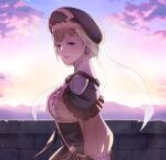  1girl balcony bangs blonde_hair blue_eyes breasts dress earrings fire_emblem fire_emblem:_three_houses hat jewelry looking_at_viewer looking_back medium_breasts mercedes_von_martritz outdoors pomelomelon see-through short_hair smile solo veil 