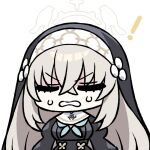  ! 1girl bangs black_dress black_headwear blue_archive breasts chan_co chibi closed_eyes commentary_request crossed_bangs dress grey_hair habit hair_between_eyes halo long_hair neckerchief nun open_mouth sakurako_(blue_archive) simple_background sweat upper_body white_background 