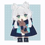  ._. 1girl :x animal_ear_fluff animal_ears arknights bangs black_footwear black_jacket blue_background cat_ears cat_girl cat_tail chibi closed_mouth commentary_request dress full_body green_eyes grey_background grey_hair hair_between_eyes highres holding holding_stuffed_toy jacket looking_at_viewer outline rosmontis_(arknights) shoes short_eyebrows solo someyaya stuffed_animal stuffed_rabbit stuffed_toy tail thick_eyebrows two-tone_background white_dress white_outline 